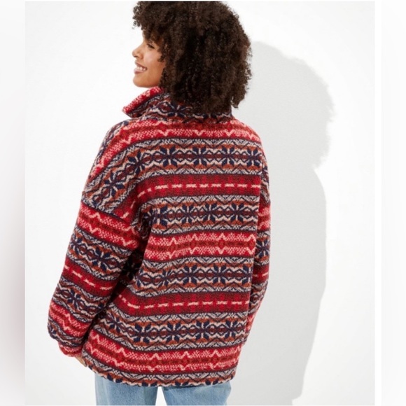 American Eagle Red Fairisle tribal fleece Sherpa pull over Sweater 1/4 zip sz.M - Picture 2 of 9